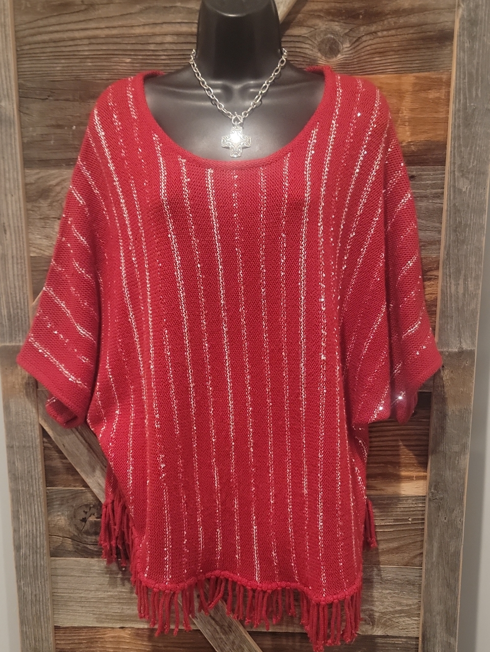 Red Stripe Fringe Sweater Top